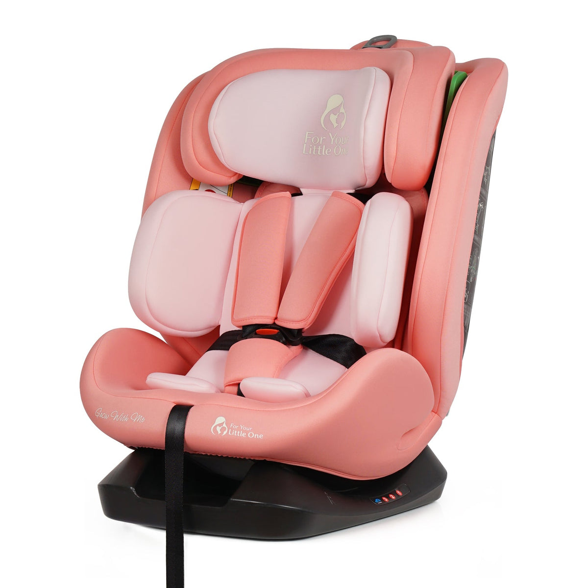 Blush rose i-Size car seat front view with cushioned panels and reclined padding