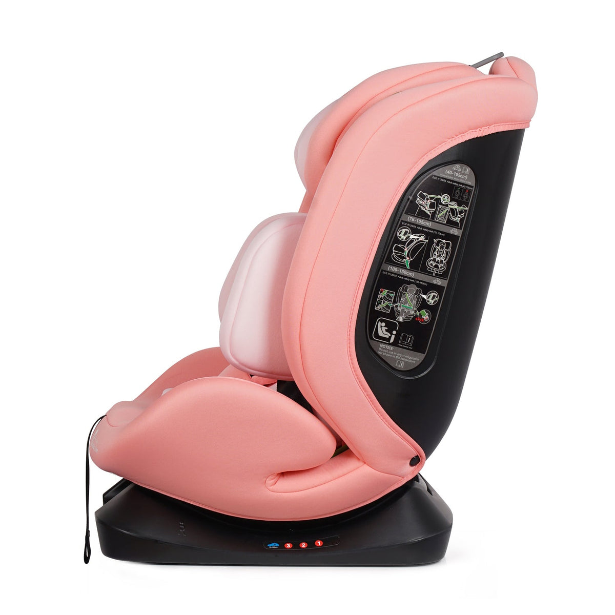Blush rose car seat side view with instruction label panel and padded arm support