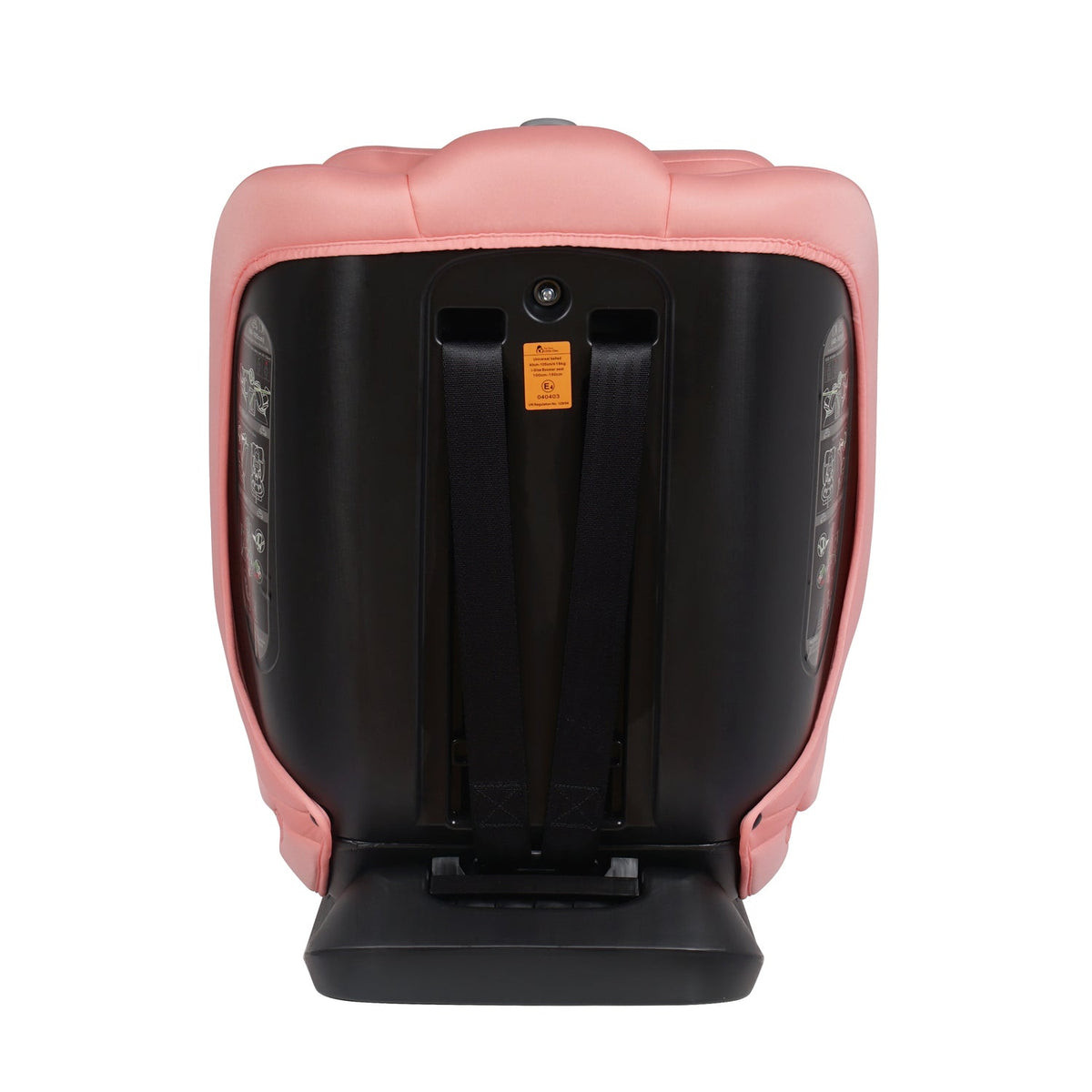 Blush rose car seat rear view showing two back adjustment straps and base