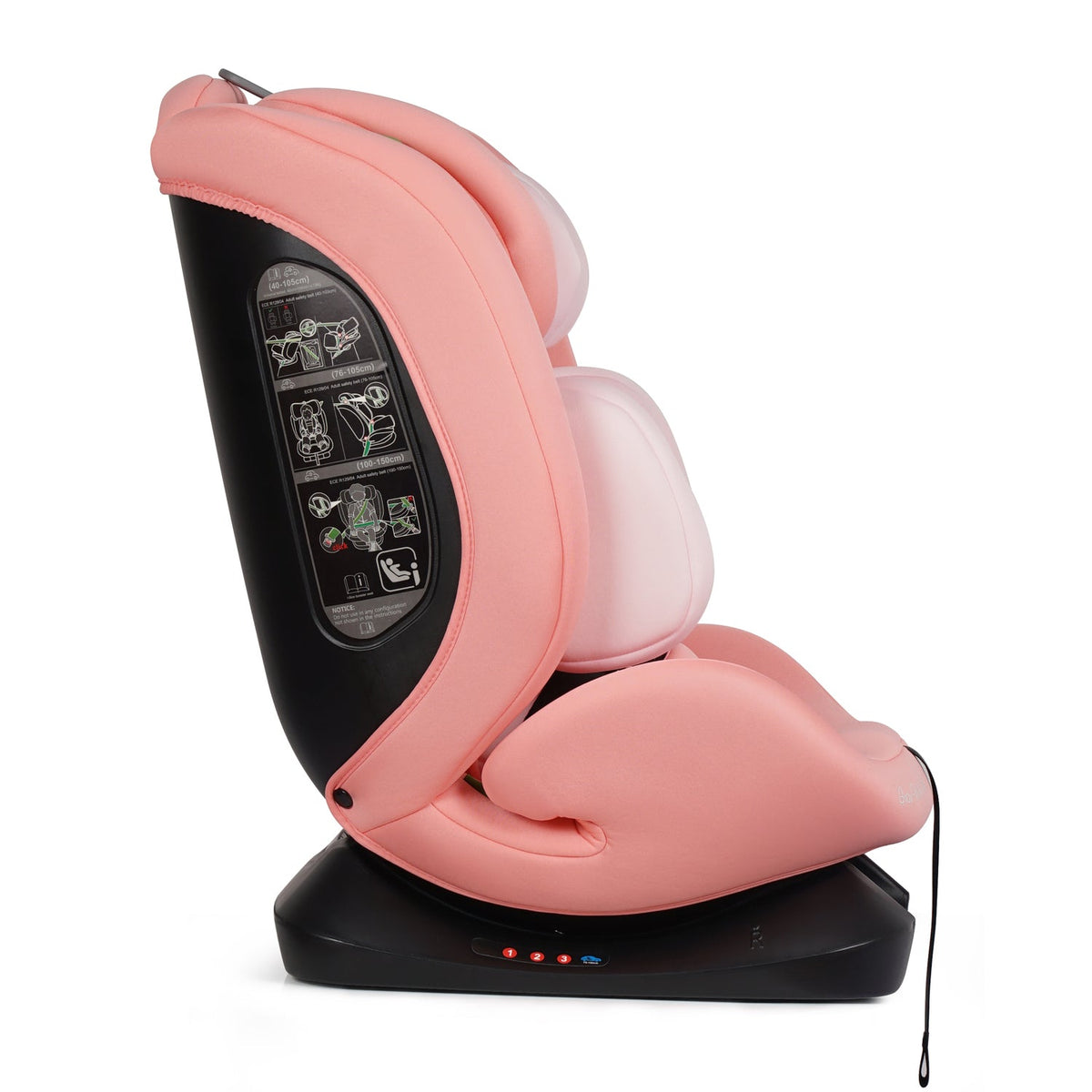 Blush rose car seat side view with visible safety icons on back label panel