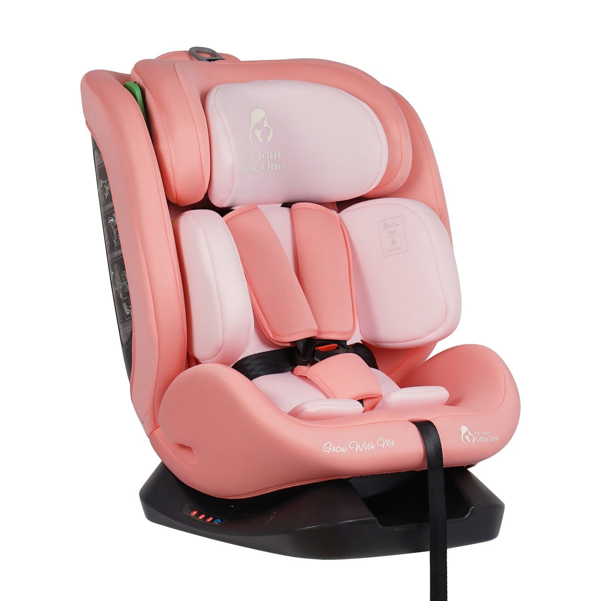 Blush rose i-Size car seat front close-up with headrest cushion and harness pads
