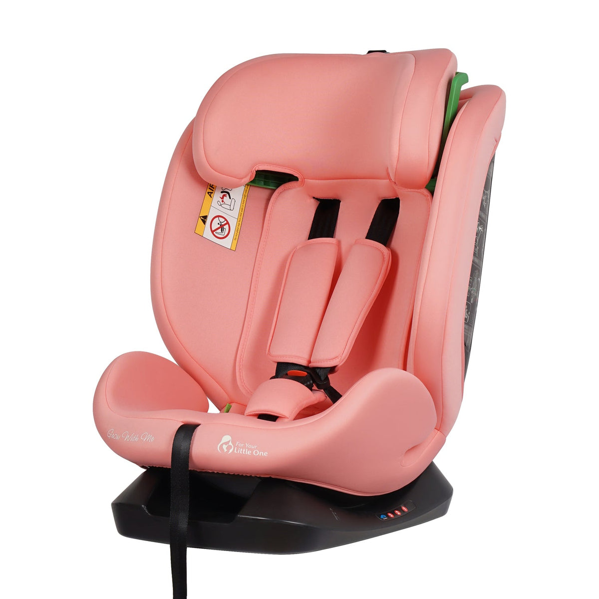 Blush rose car seat angled view with head support and five-point harness