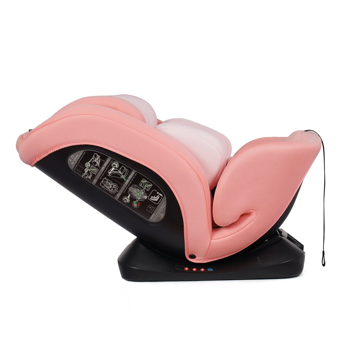 Blush rose car seat side profile with visible belt guide and black base