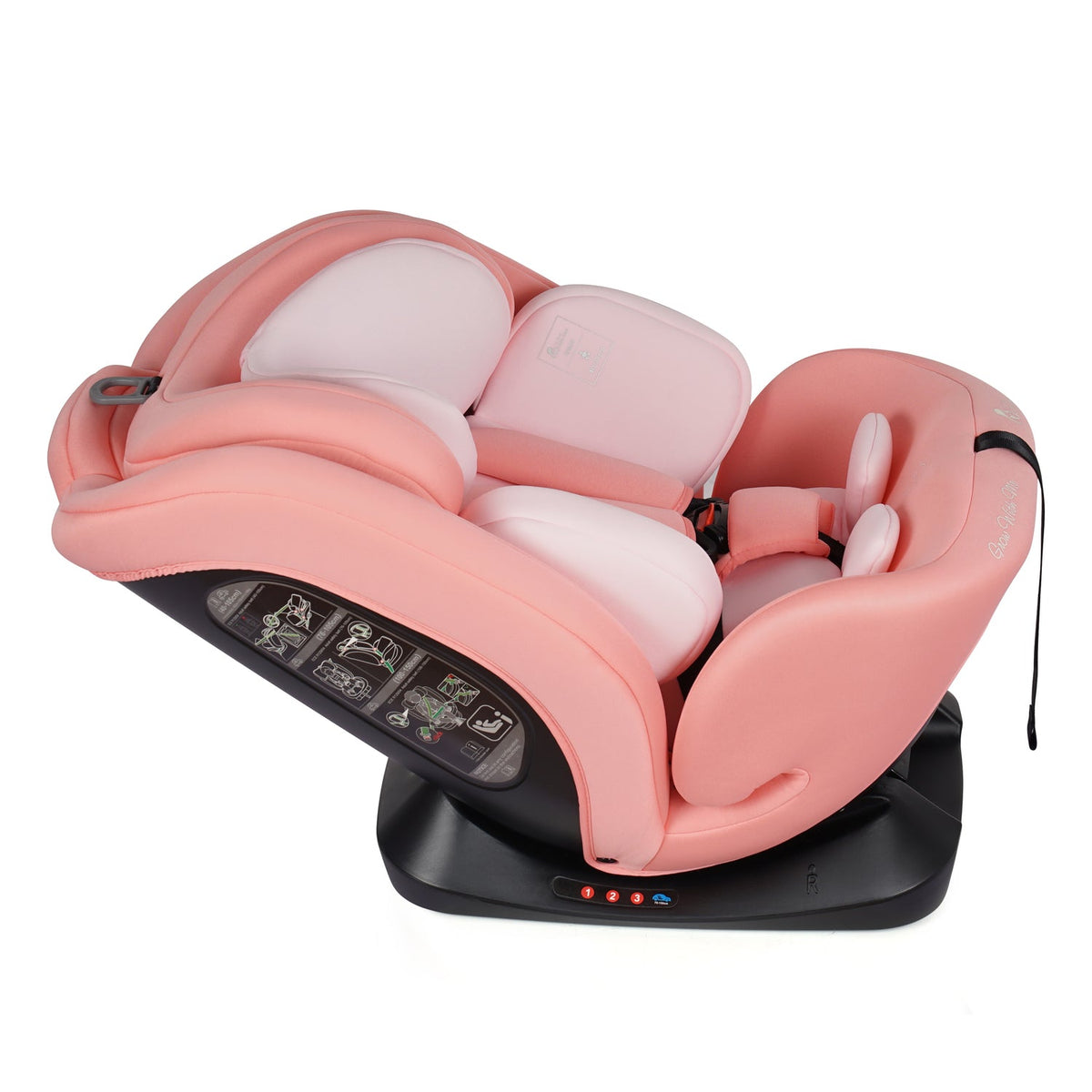 Blush rose car seat reclined with padded seat insert and side bolsters