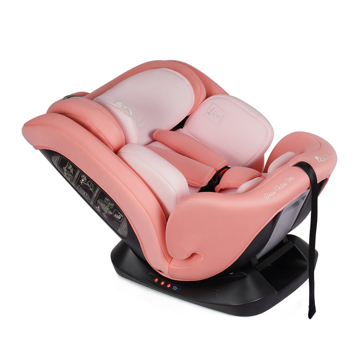 Blush rose car seat reclined side view with cushioned head support