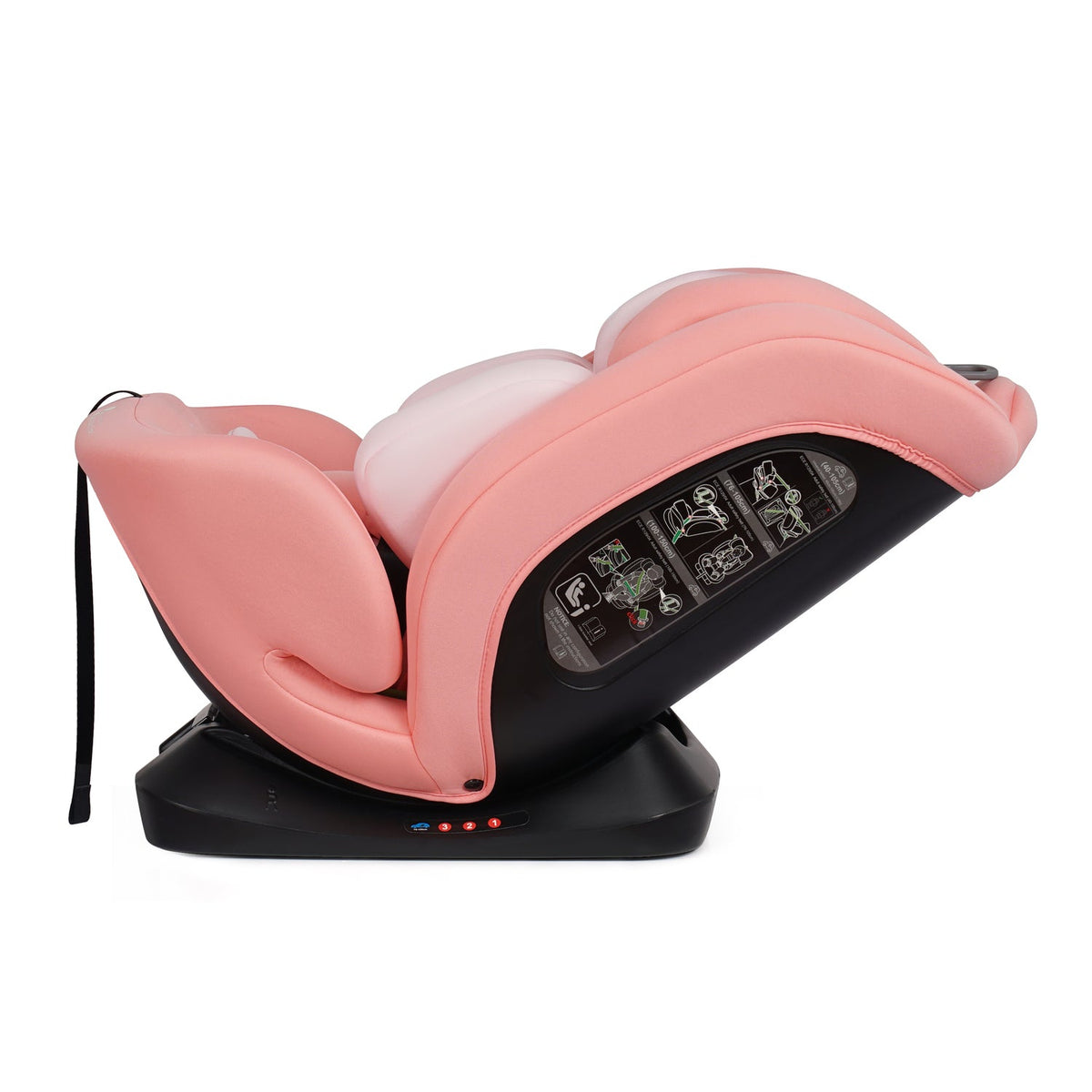 Blush rose car seat side view with belt path panel and black base