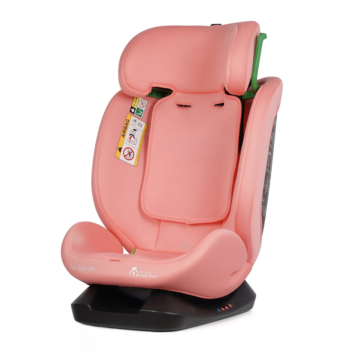 Blush rose car seat side view with headrest padding and recline base