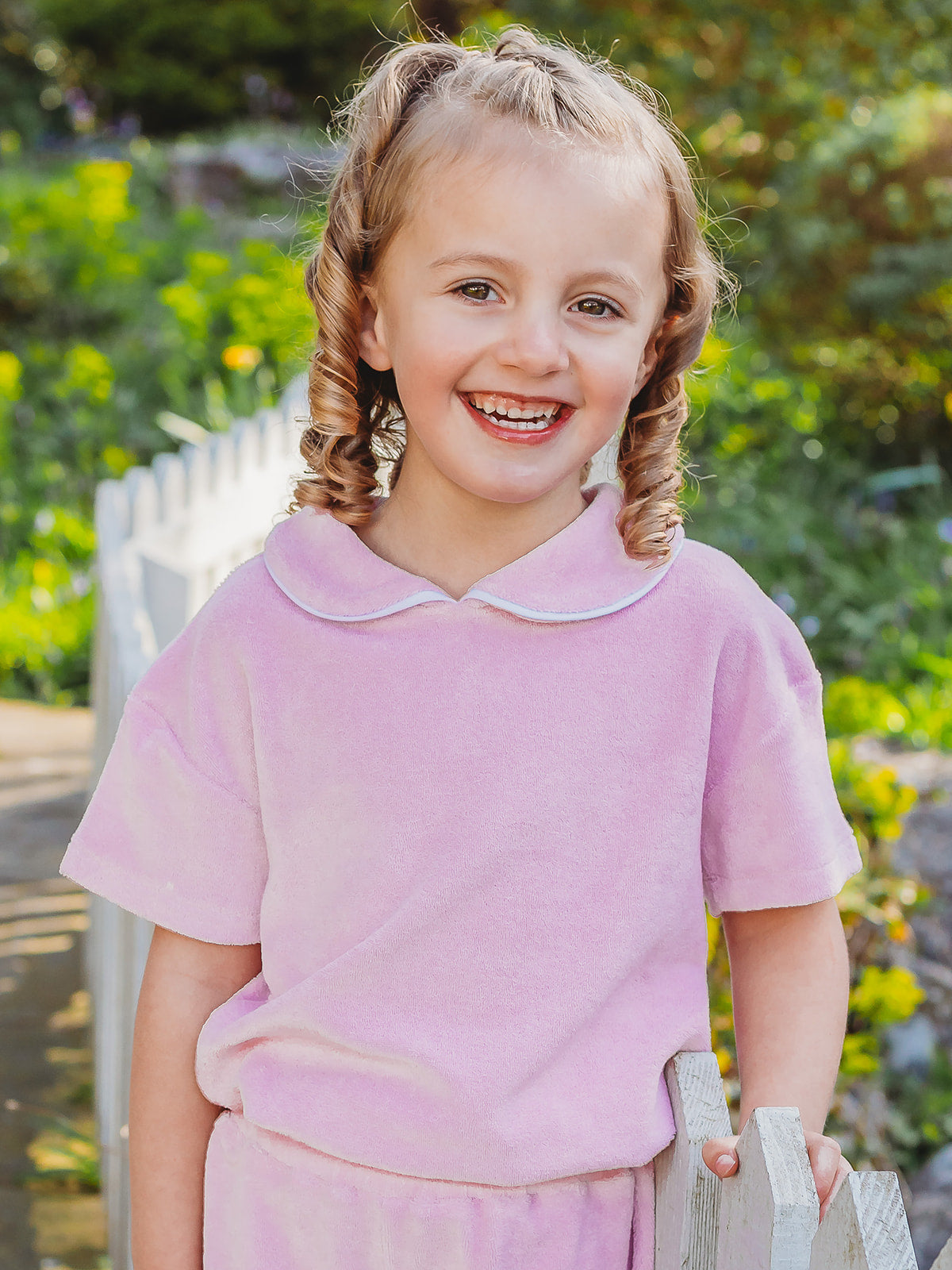 Lilac towelling polo-style top with frilled collar and matching short set