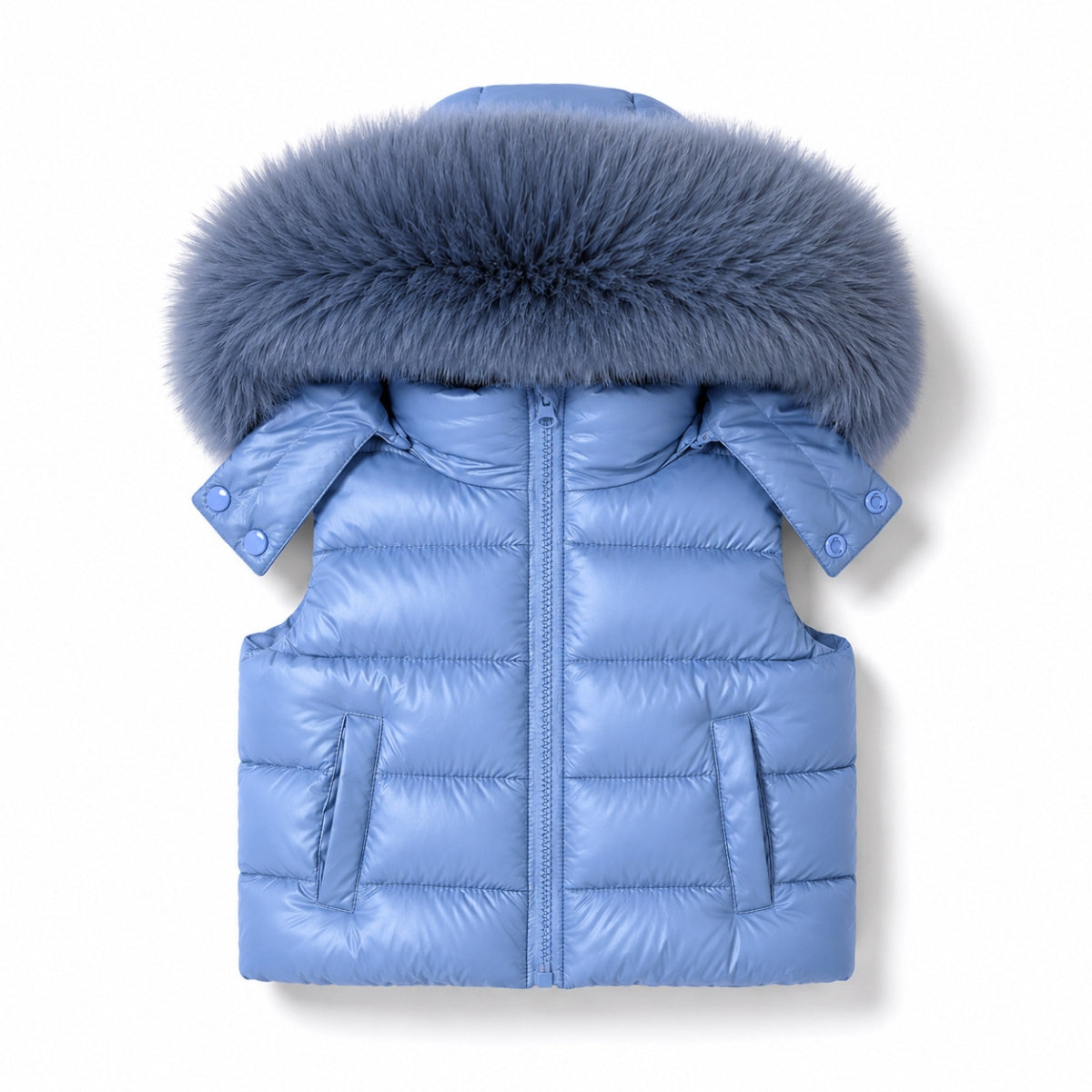 A light blue puffer vest with a large fluffy faux-fur hood trim, shown flat against a white background.