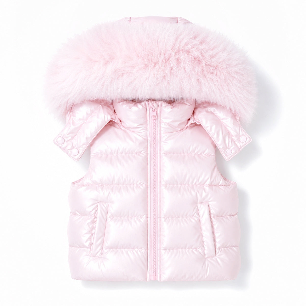 Pink baby padded vest with faux fur hood and full zip front