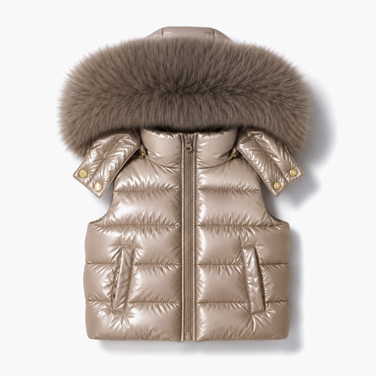 A shiny taupe metallic puffer vest with a large brown faux-fur hood trim, shown flat against a white background.