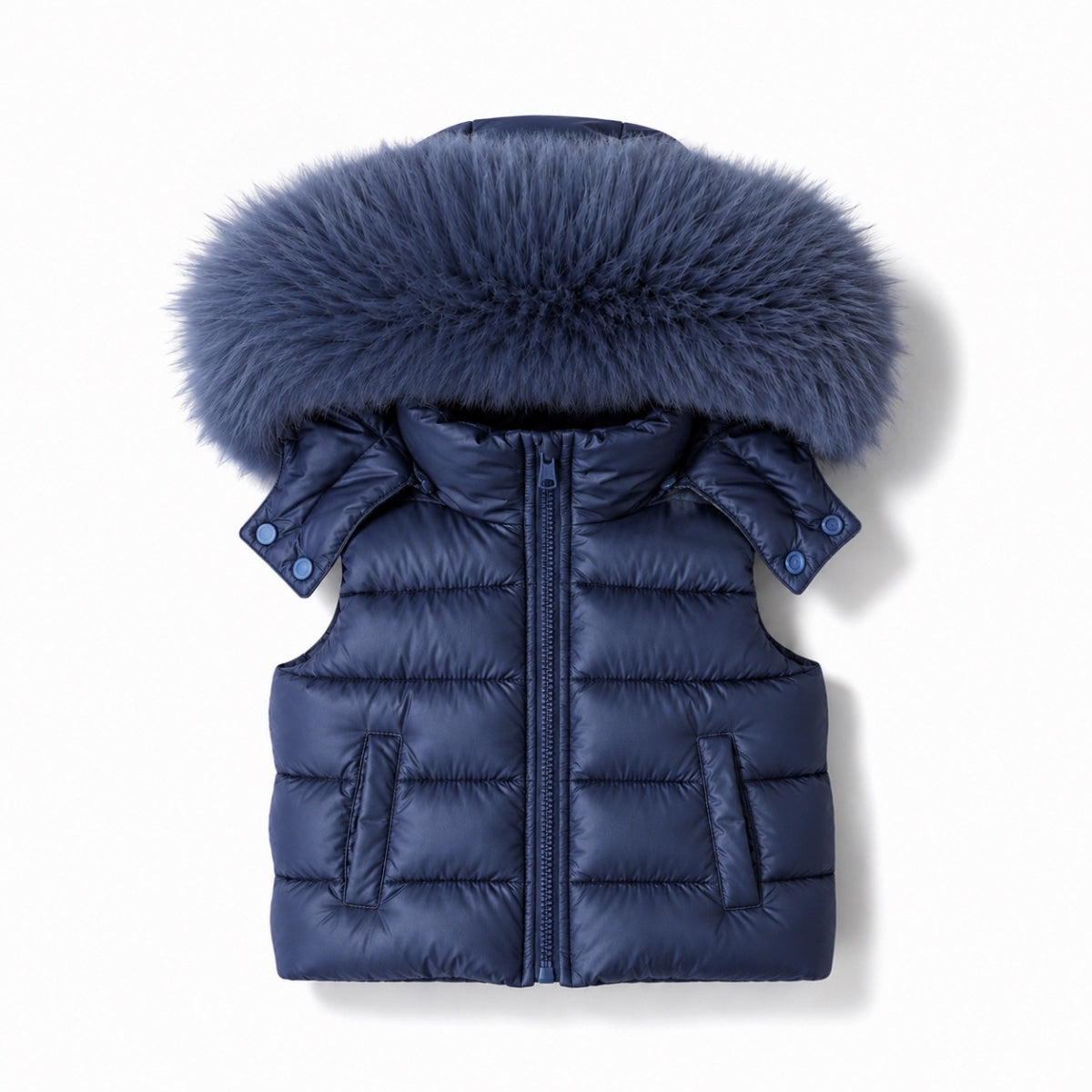 Boys navy blue gillet with faux fur hood