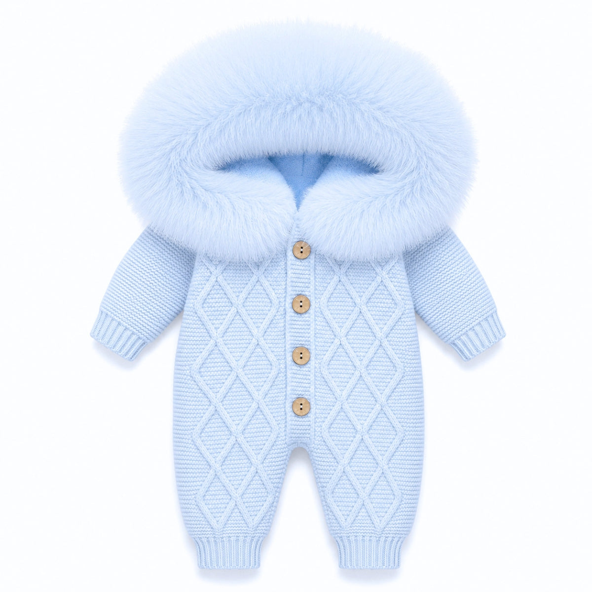Light blue knit pramsuit with faux-fur hood, button placket, long sleeves
