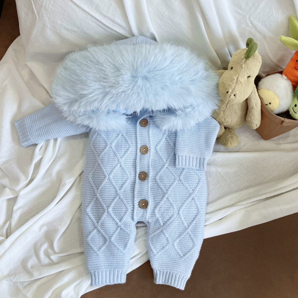 Pre-Order | Limited Stock | EvaBella Signature Faux Fur Knitted Pramsuit | Baby Blue