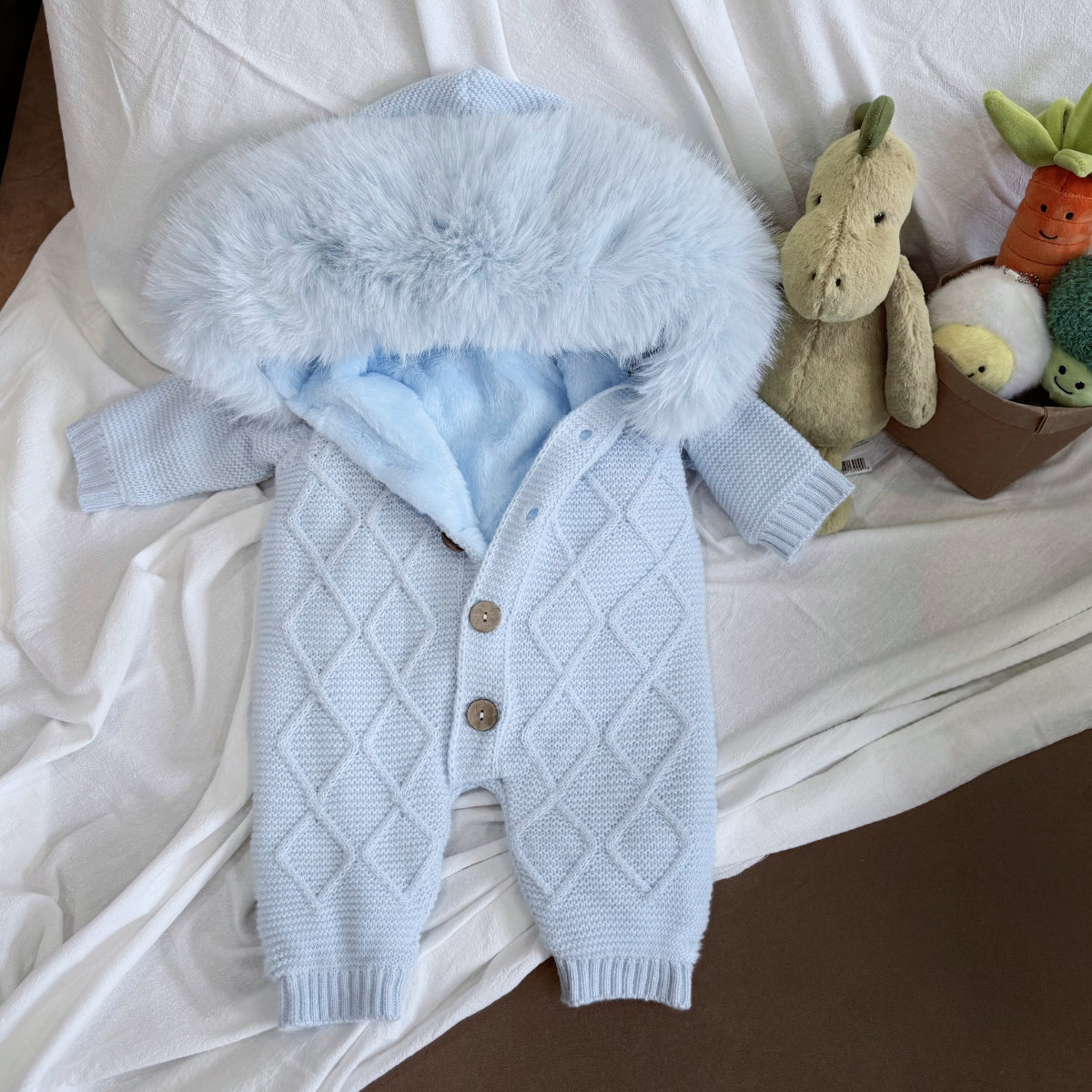 Pre-Order | Limited Stock | EvaBella Signature Faux Fur Knitted Pramsuit | Baby Blue