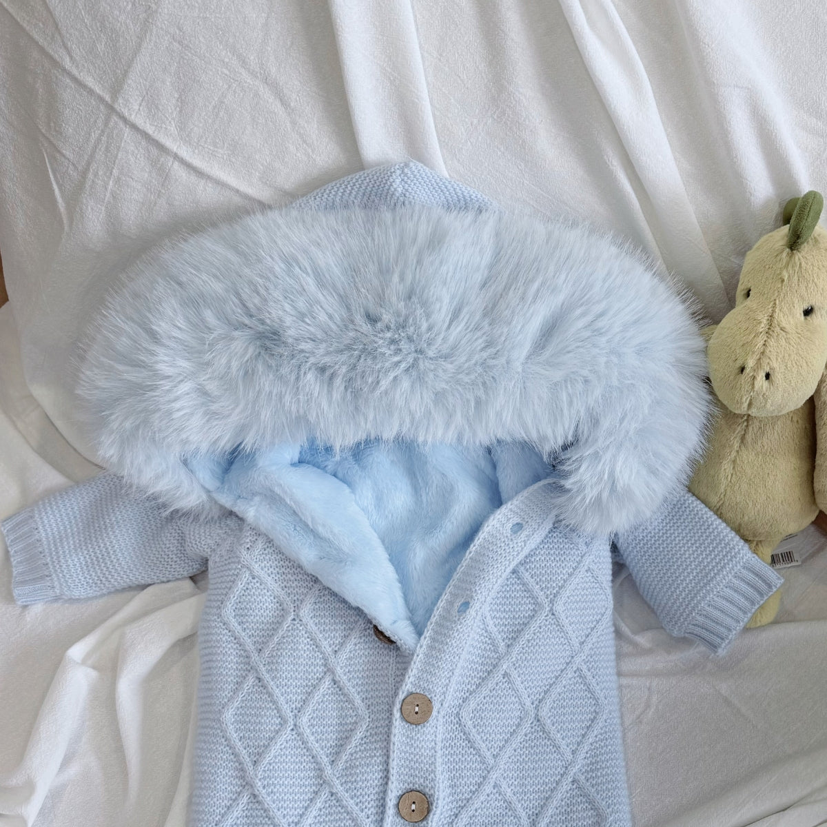 Pre-Order | Limited Stock | EvaBella Signature Faux Fur Knitted Pramsuit | Baby Blue