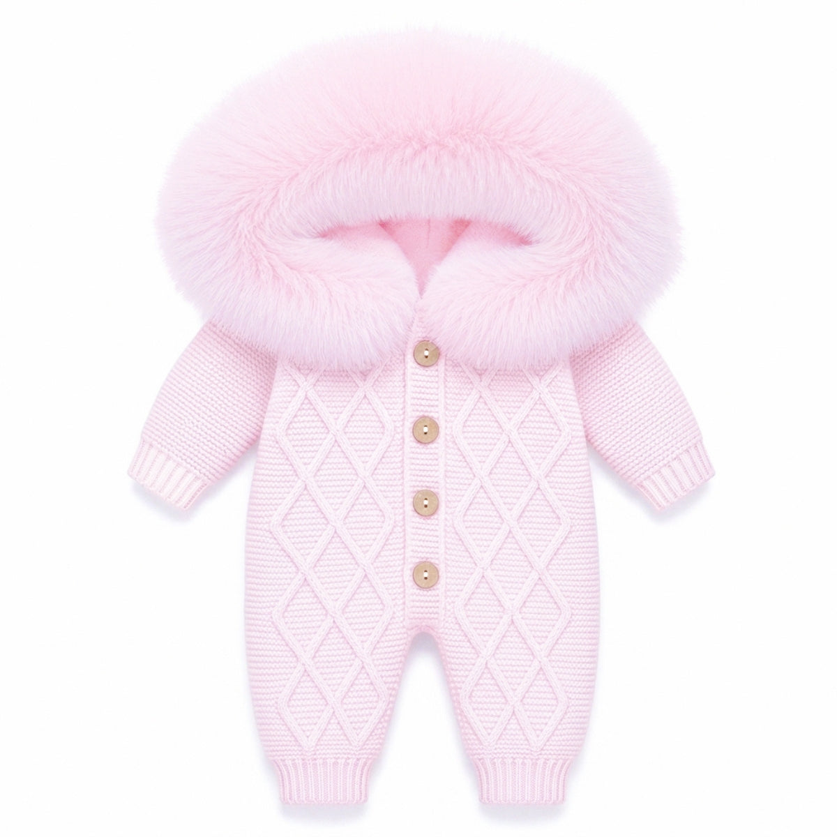 Pink knitted pramsuit with fluffy faux-fur hood and three-button placket