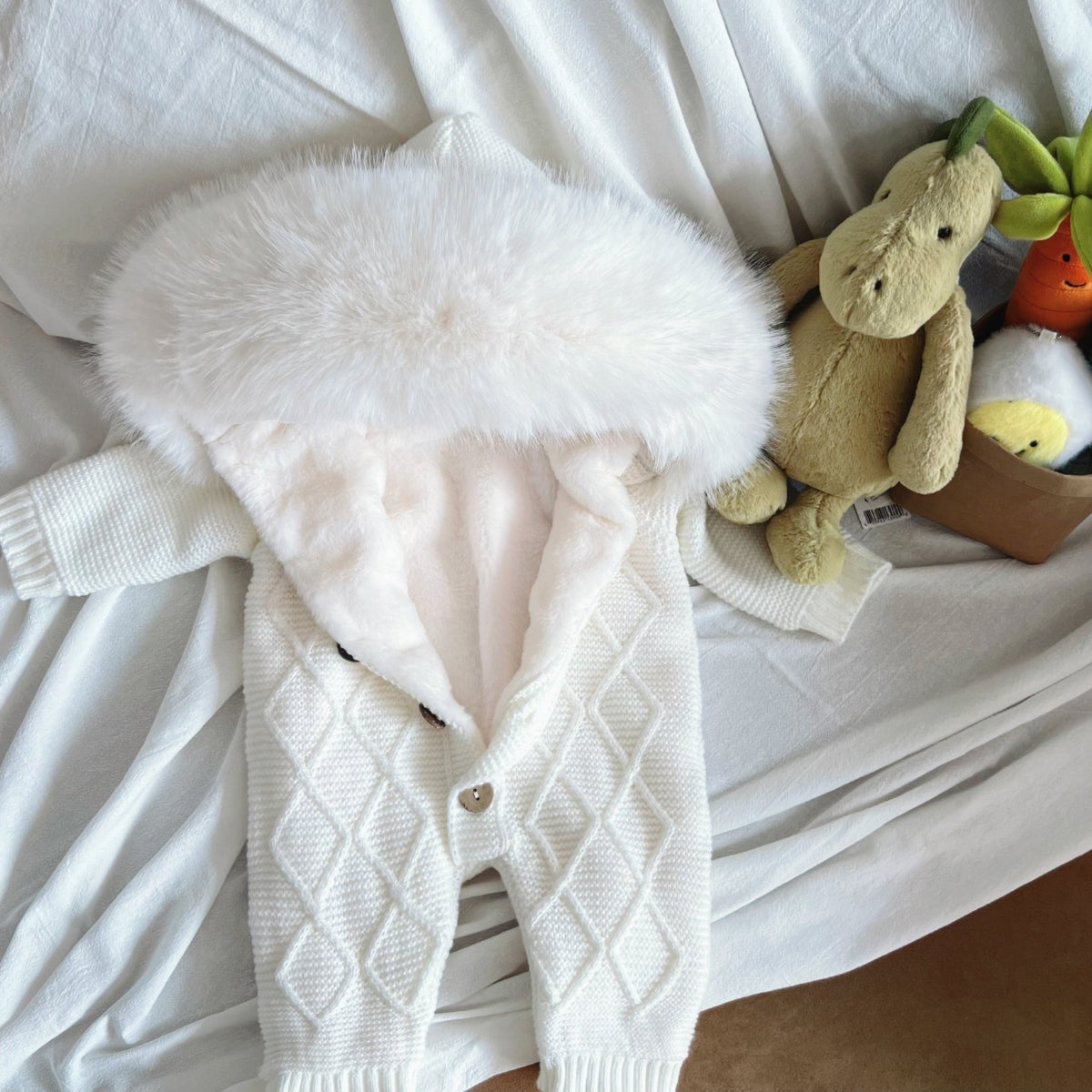 Pre-Order | Limited Stock | EvaBella Signature Faux Fur Knitted Pramsuit | Cream