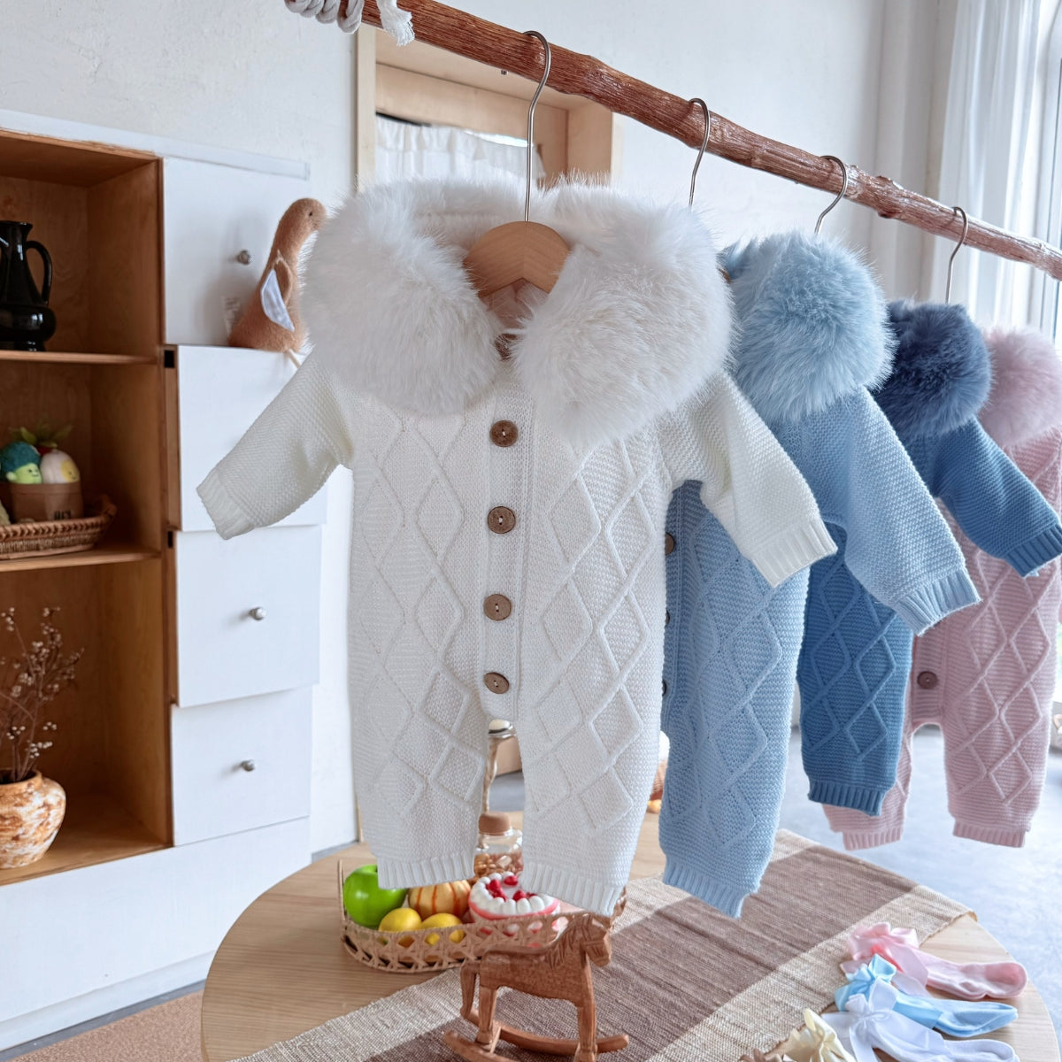 Pre-Order | Limited Stock | EvaBella Signature Faux Fur Knitted Pramsuit | Cream