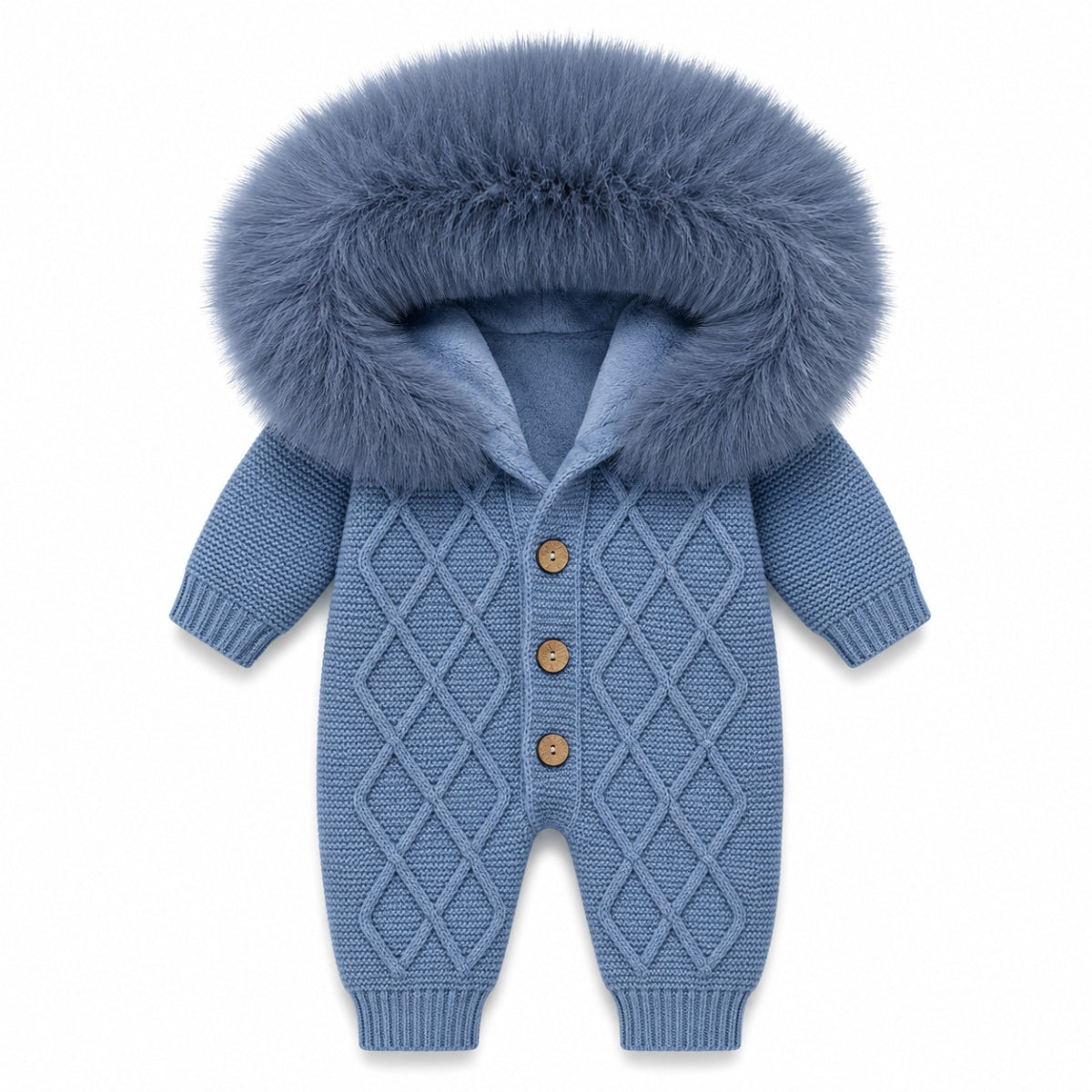 Eva Bella knitted faux fur pram suit spring blue