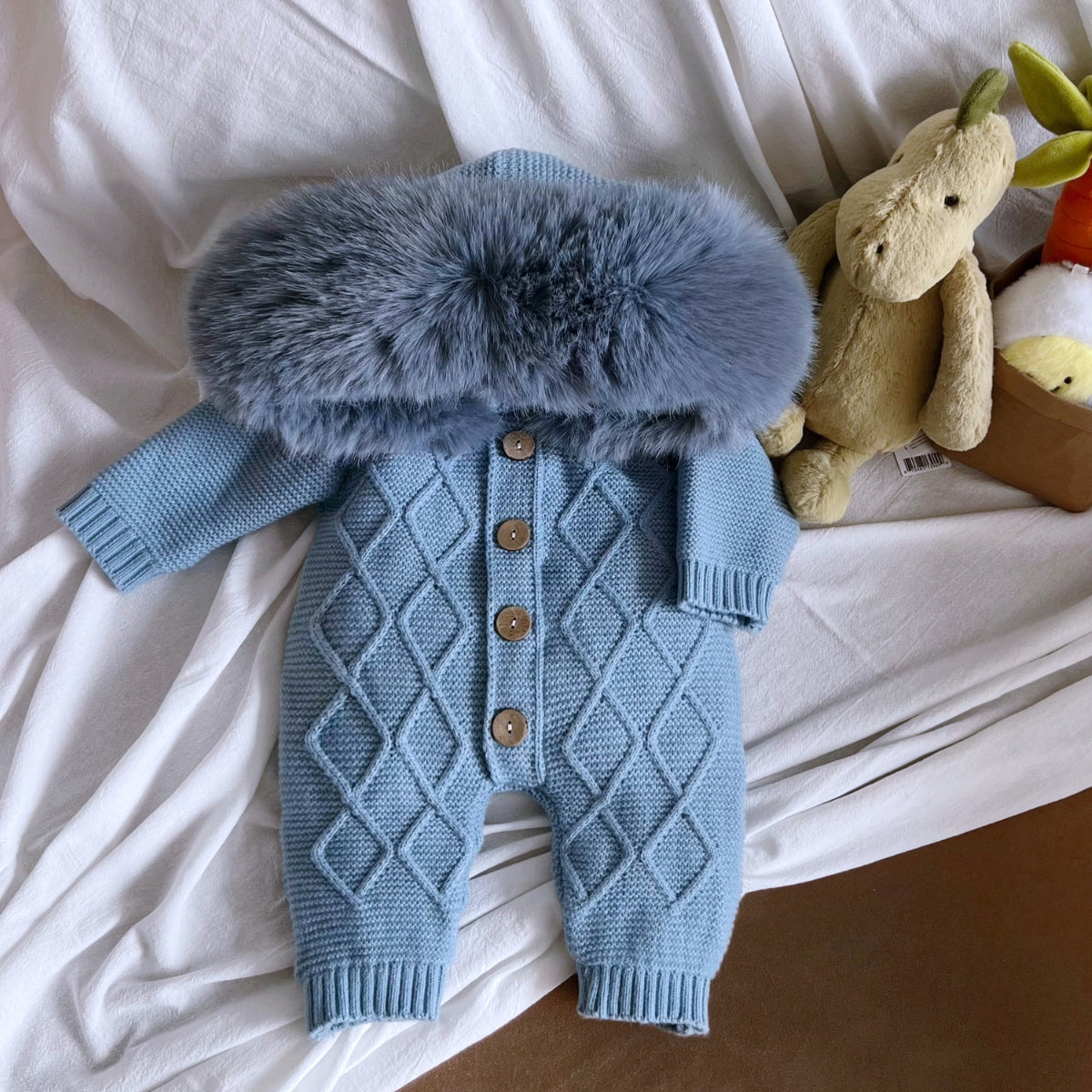 Pre-Order | Limited Stock | EvaBella Signature Faux Fur Knitted Pramsuit | Mountain Spring Blue