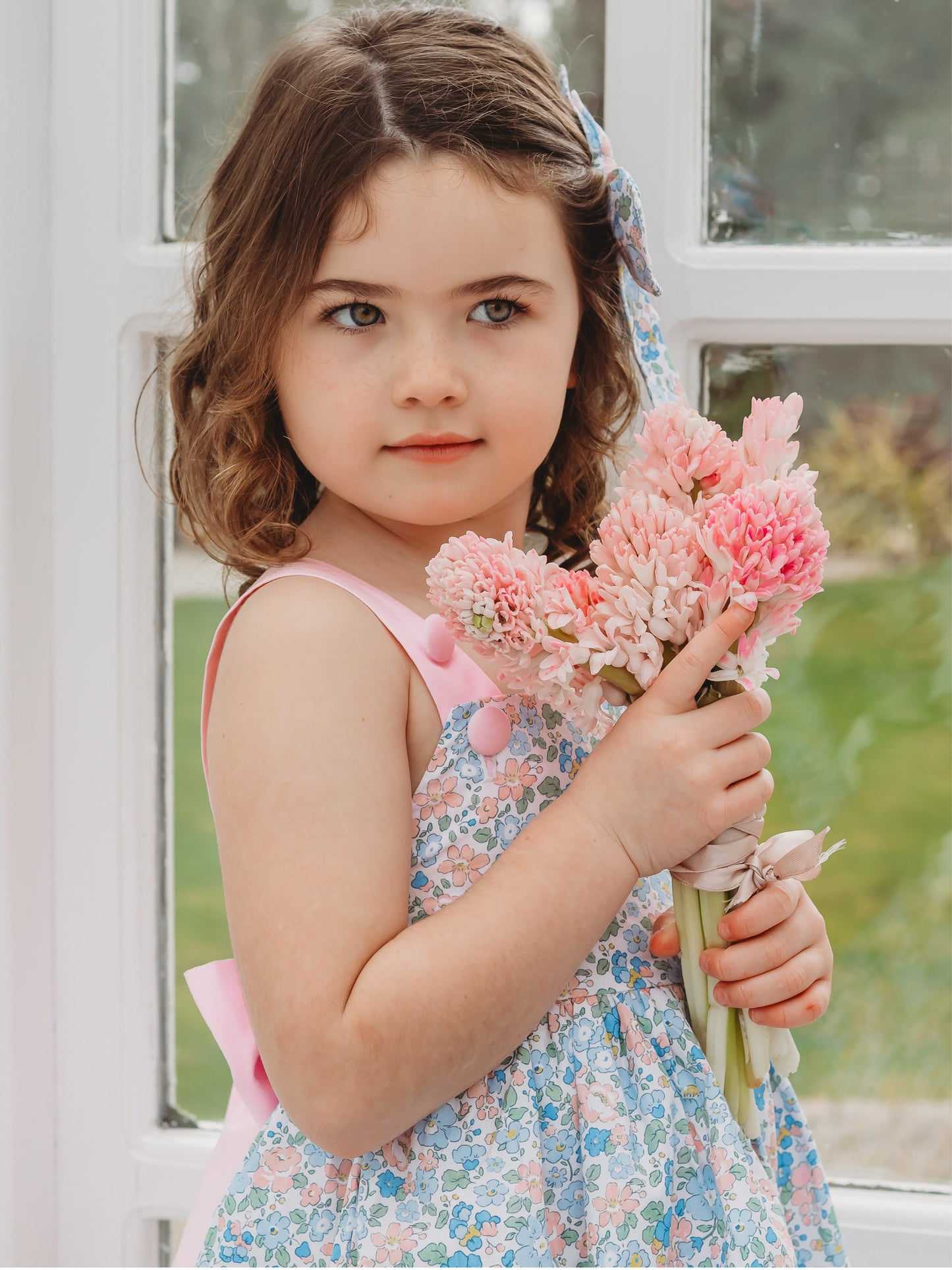 Floral bow-back bloomer set with light blue floral pattern and pink ribbon straps