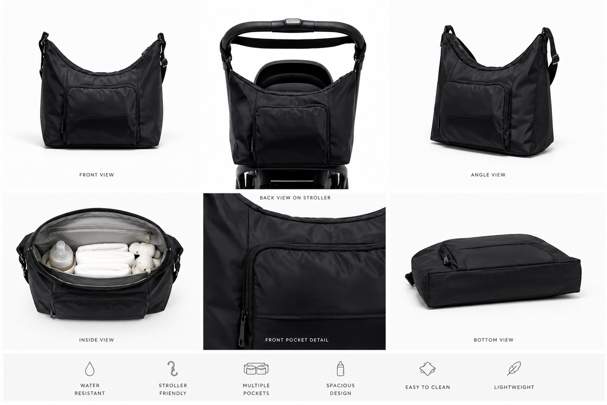 Black changing bag with front pocket and interior compartments