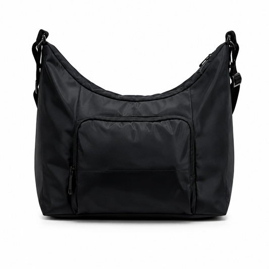 Black shoulder changing bag with wide opening and front panel zipper pocket
