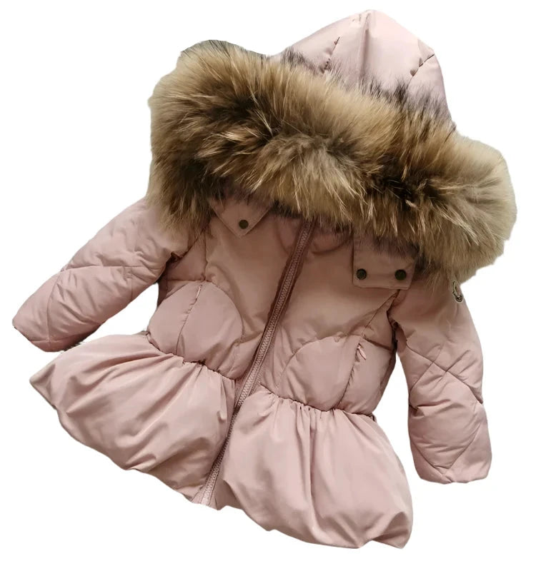 Girls Duck Down Real Fur Parker Jacket Baby Pink