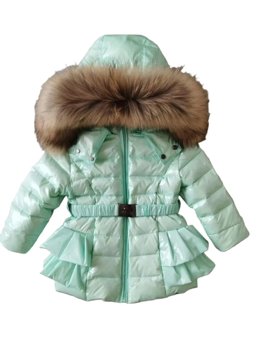 Girls Duck Down Real Fur Parker Jacket Natural/Mint Green