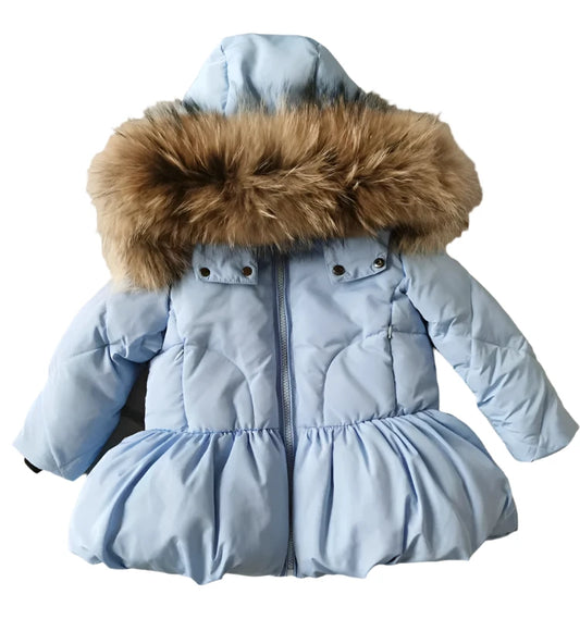 Girls Duck Down Real Fur Parker Jacket Sky Blue