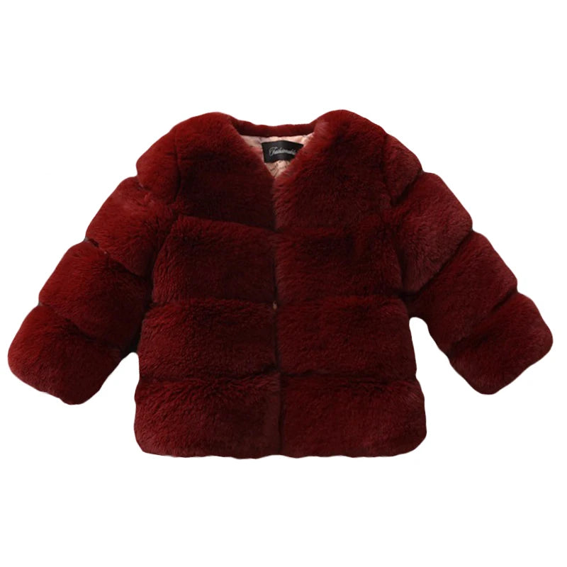 Girls Fur Bubble Bomber Jacket Wine Red