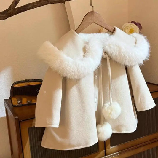 Girls Ivory Wool Coat with Fur Trim finish