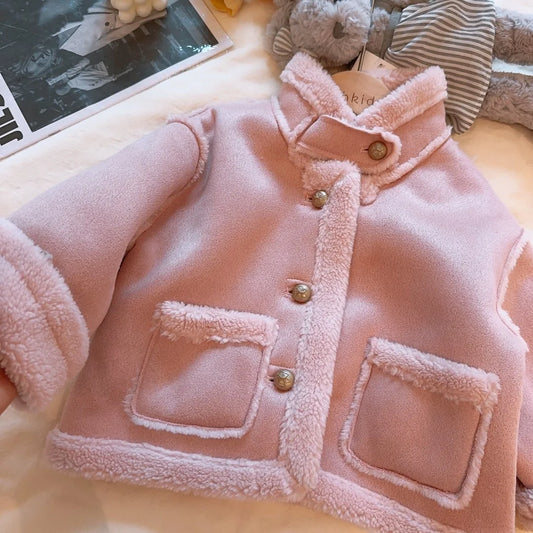 Girls Lamb Pink Lapel Collar Jacket