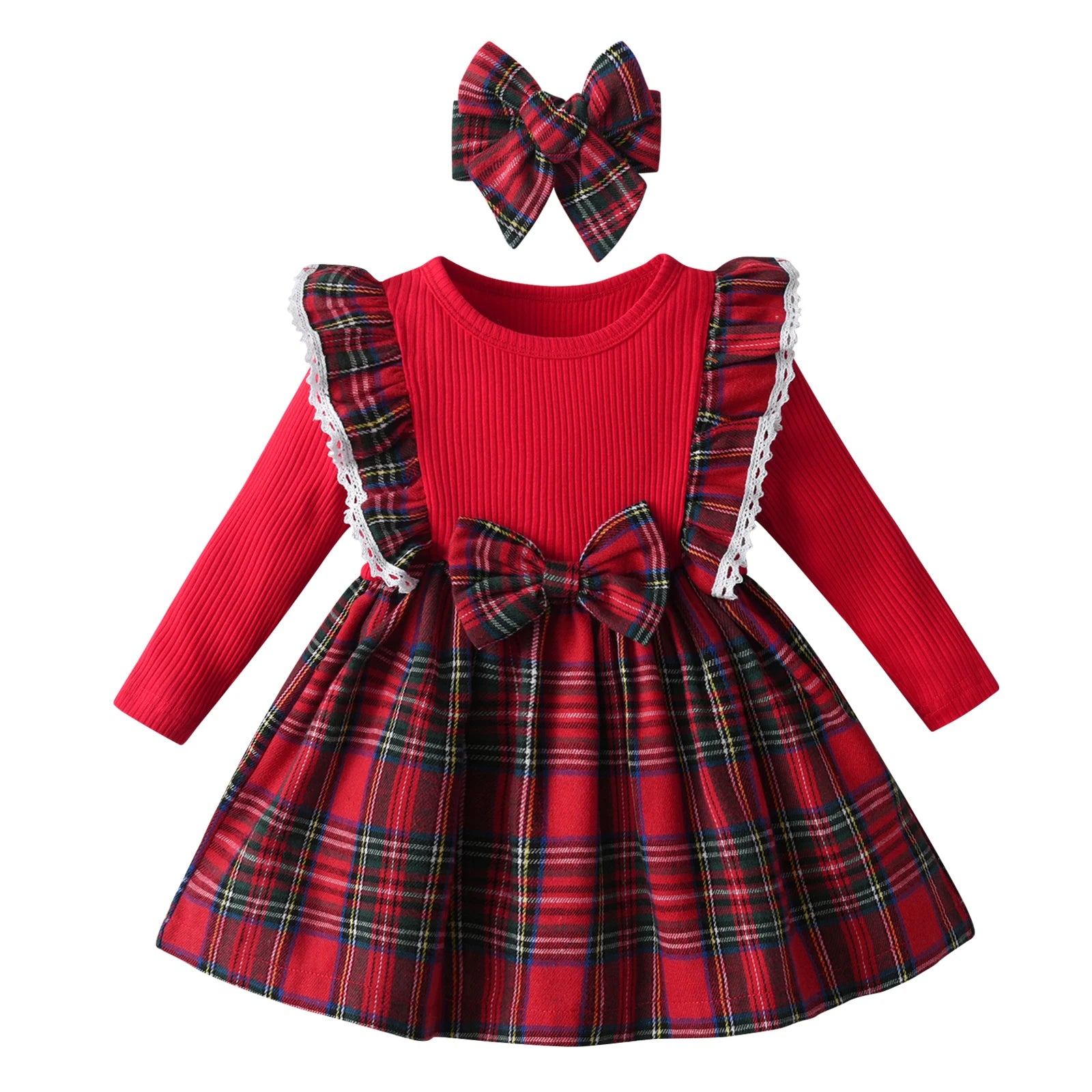 Girls Long Sleeved Red Tartan Dress 