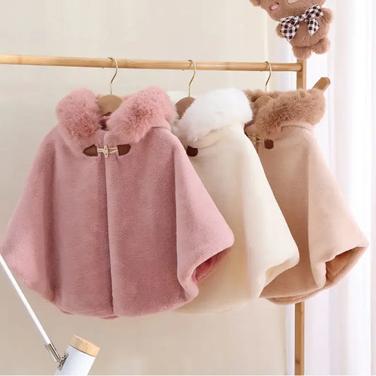 Girls Pink Cashmere Shawl with Fur tim Hood