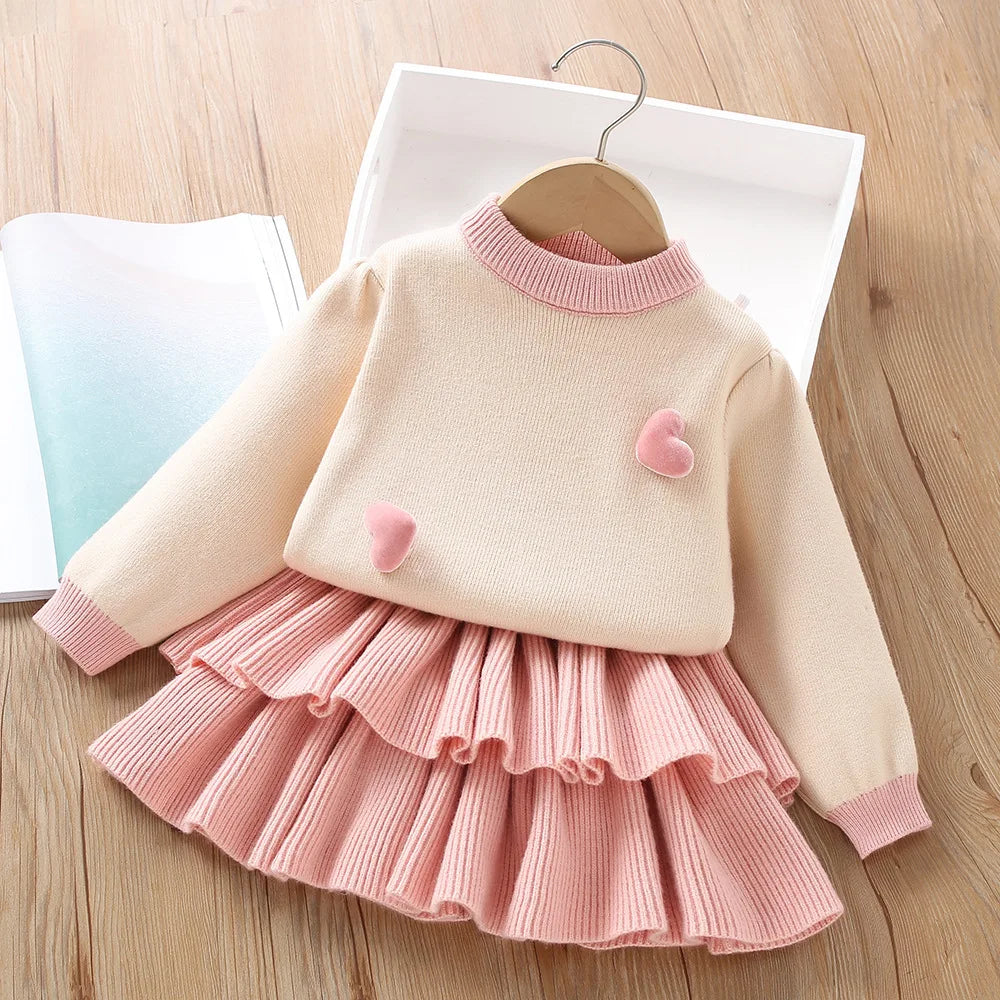 Girls Pink Knitted Skirt & Matching Jumper Set