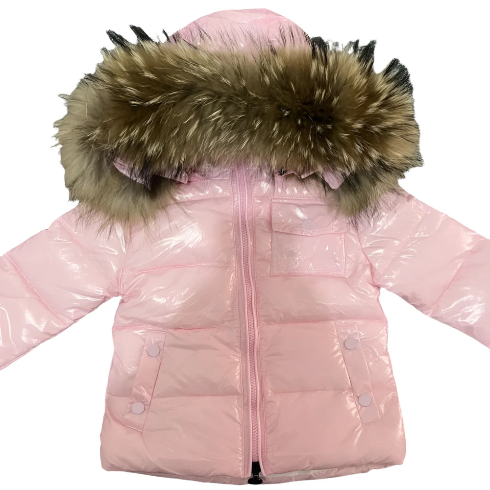 Girls Winter Baby Pink Gloss Natural Fur Hooded Parker Coat