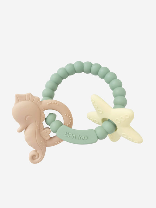 Green seahorse and starfish baby teether with BPA-free stamp