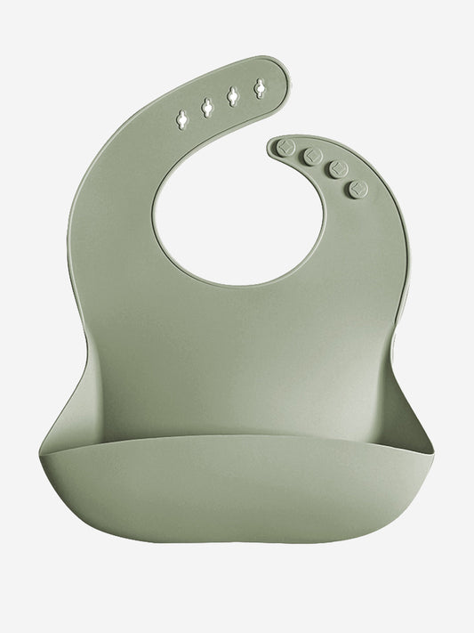 Green silicone baby bib with snap buttons and wide front pocket