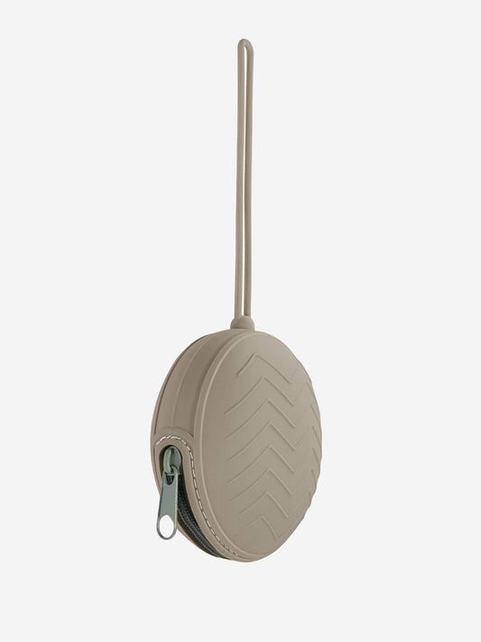 Grey round silicone pacifier case with carry loop and small zip opening