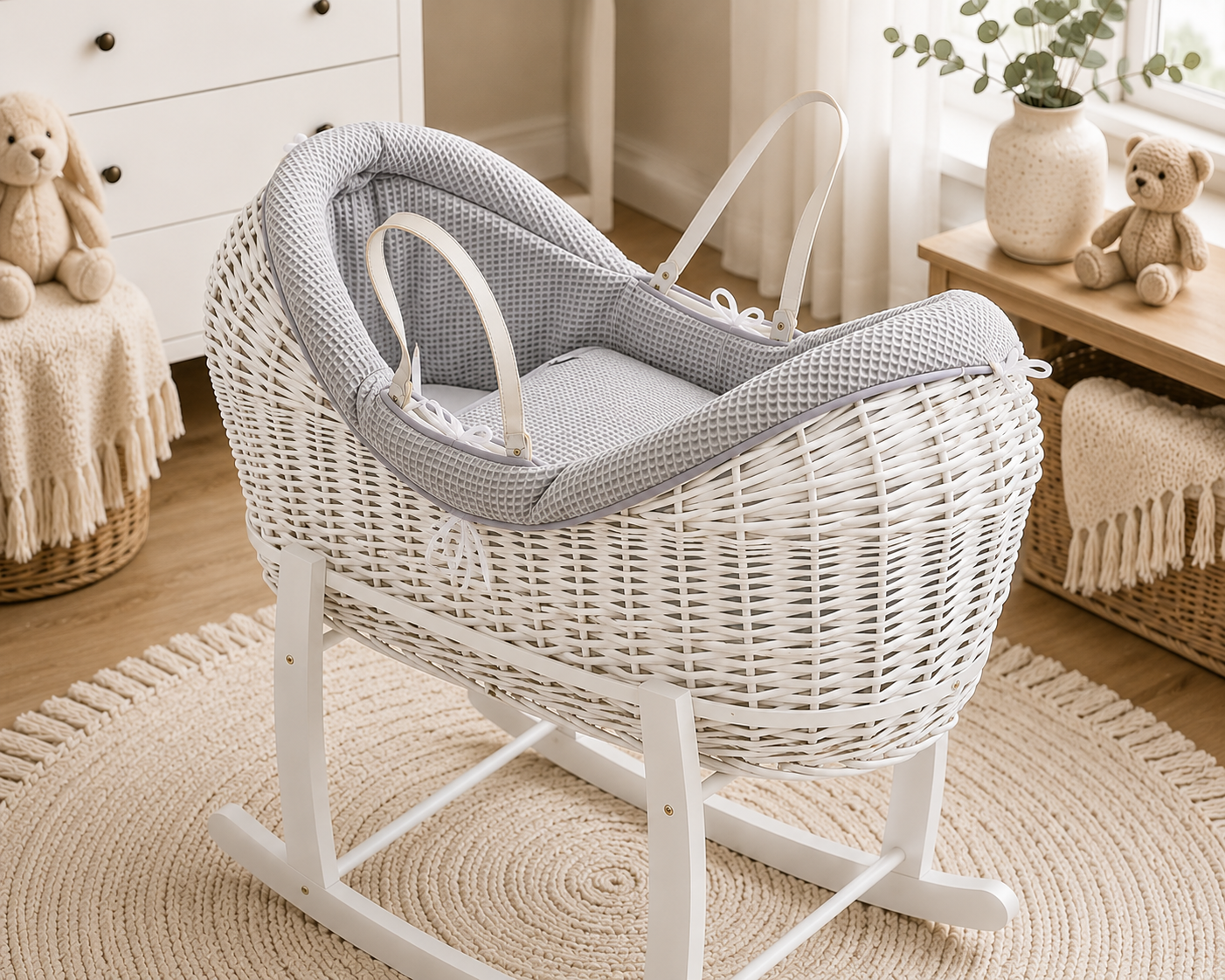 Wicker baby Moses basket on rocking stand with grey dimple pod insert