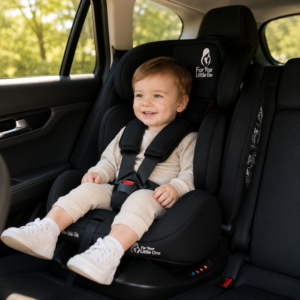 Black car seat with infant seated and harness buckled, smiling child