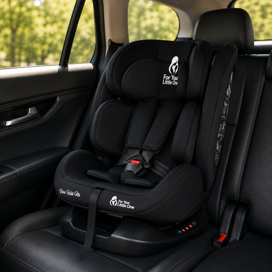 Midnight black child car seat with 5-point harness and headrest, front view