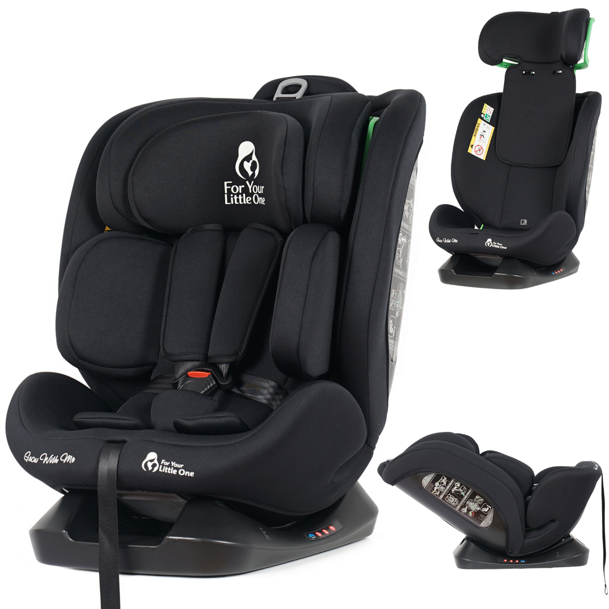 Black GrowWithMe i-Size car seat shown in front and side angles, with harness