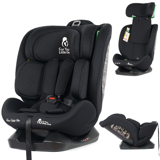 Black GrowWithMe i-Size car seat shown in front and side angles, with harness