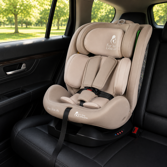 Latte beige car seat with recline padding, headrest cover, and black base