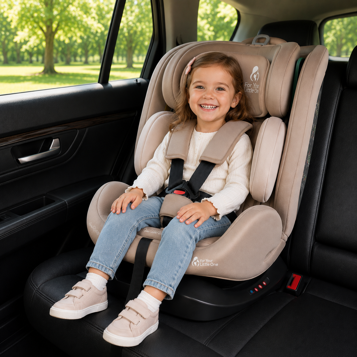 Latte beige car seat with 5-point harness, headrest, and side bolsters in car