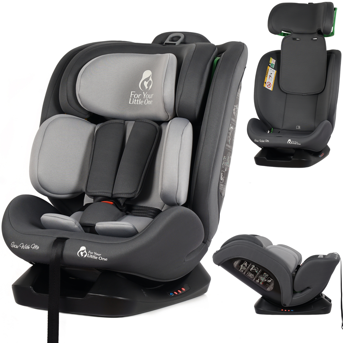 Convertible car seat with dark slate shell and light gray headrest, front view