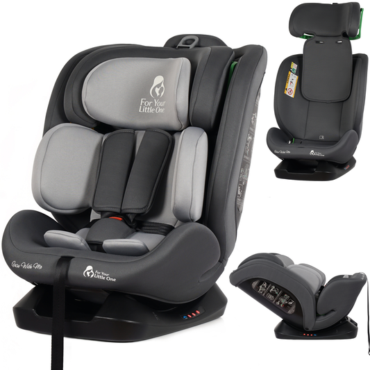 Convertible car seat with dark slate shell and light gray headrest, front view